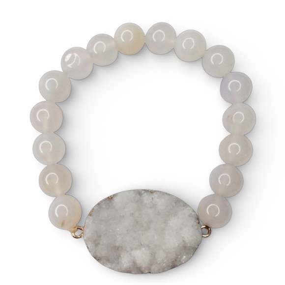 White Onyx & Druzy Quartz Beaded Stretch Bracelet 7", 8mm Natural Stone Beads - Picture 10 of 12